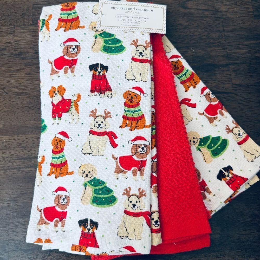 Cupcakes & Cashmere Christmas Dogs Kitchen Dish Towels 3-pc Set